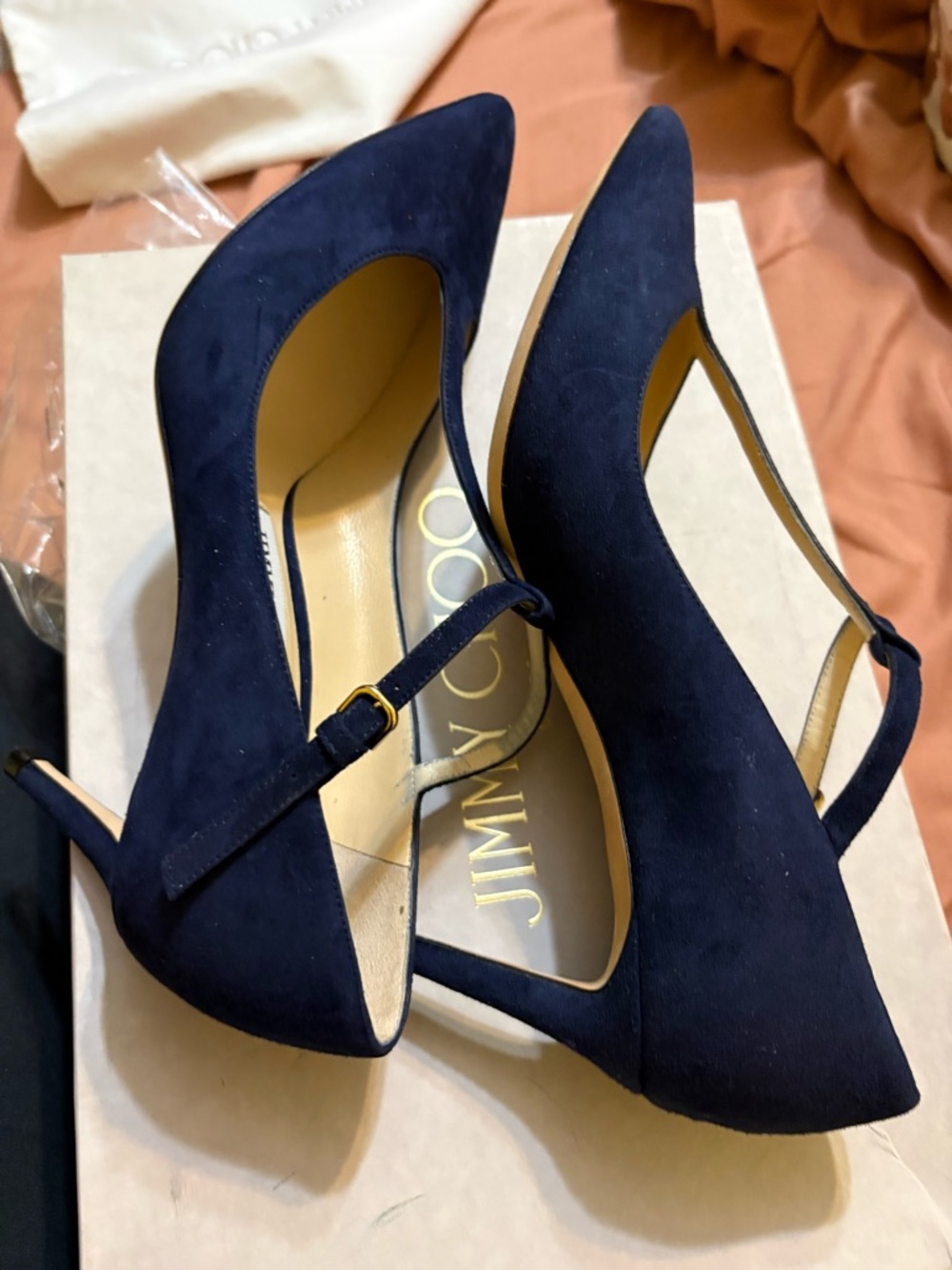 Jimmy Choo Dark Blue T-Strap Heels - Picture 10 of 15